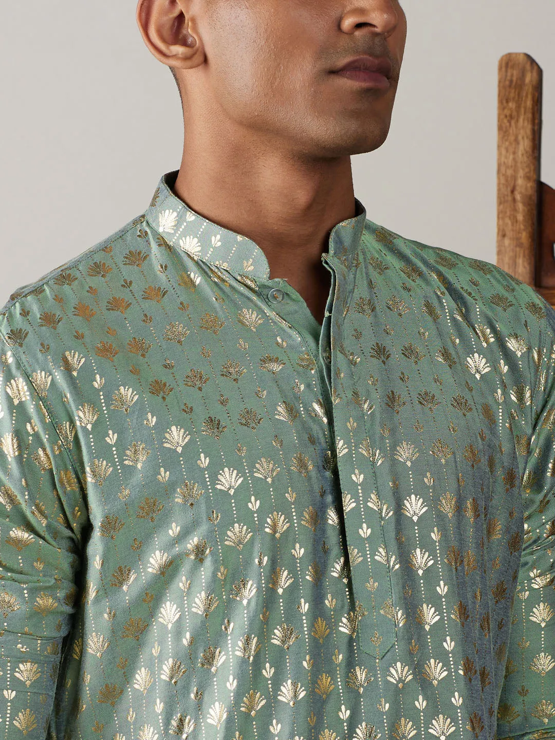 Jashvi Men's Light Green Foil Printed Kurta With Black Patiala Set