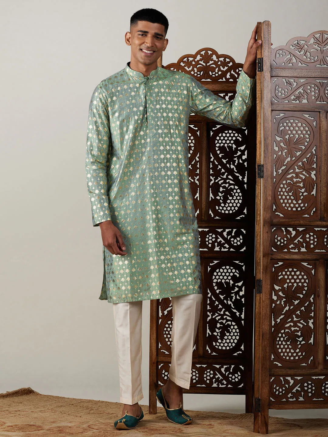 Jashvi Men's Light Green Foil Printed Kurta With Cream Pant Style Pyjama Set