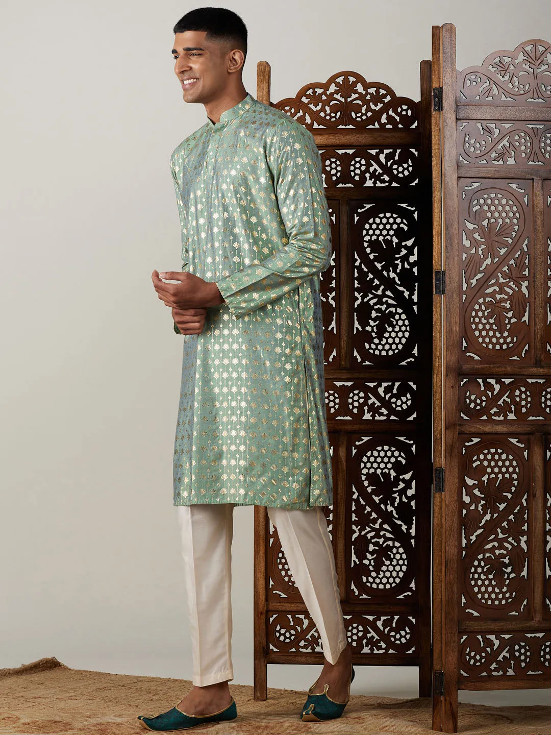 Jashvi Men's Light Green Foil Printed Kurta With Cream Pant Style Pyjama Set