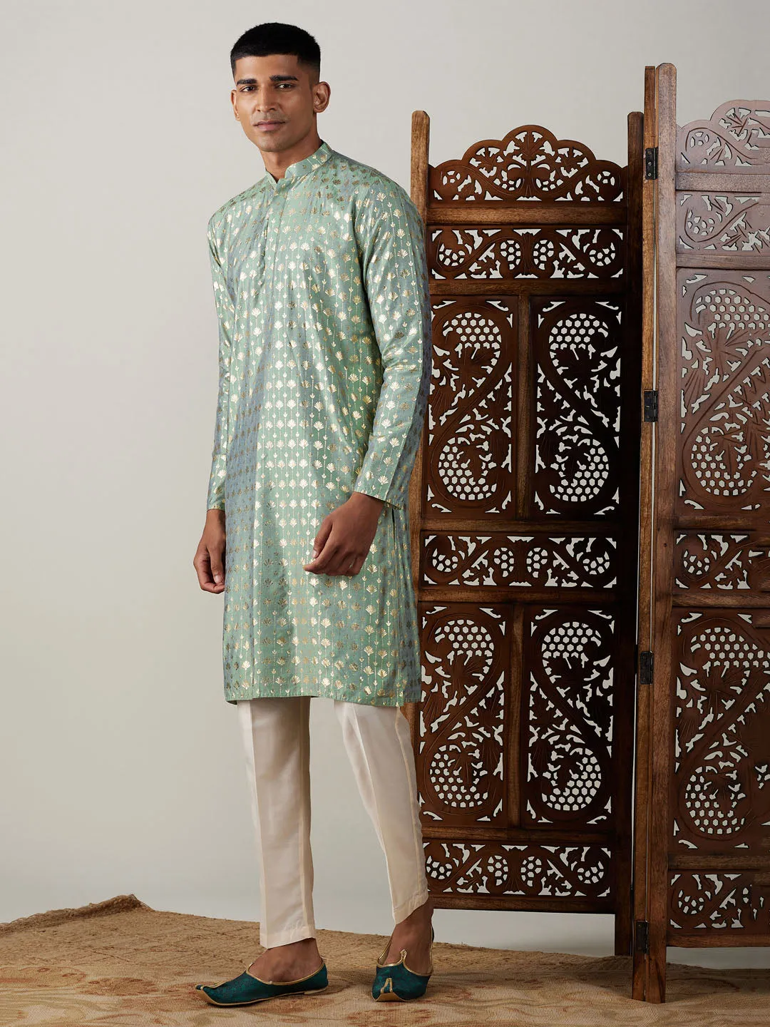 Jashvi Men's Light Green Foil Printed Kurta With Cream Pant Style Pyjama Set