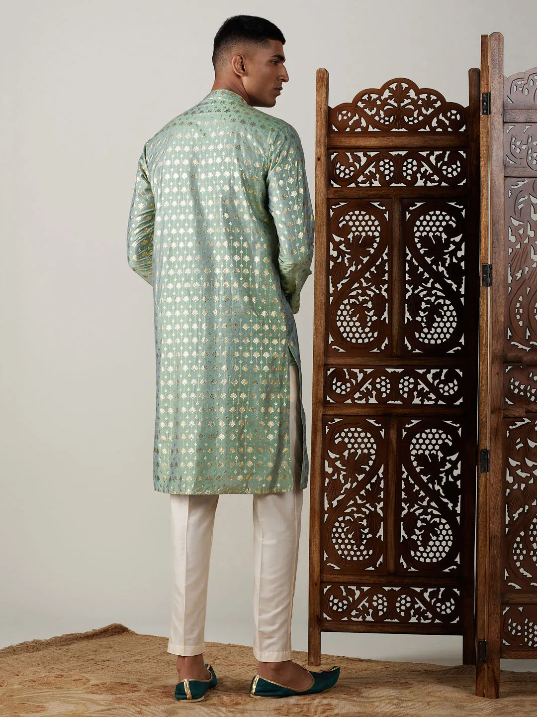 Jashvi Men's Light Green Foil Printed Kurta With Cream Pant Style Pyjama Set