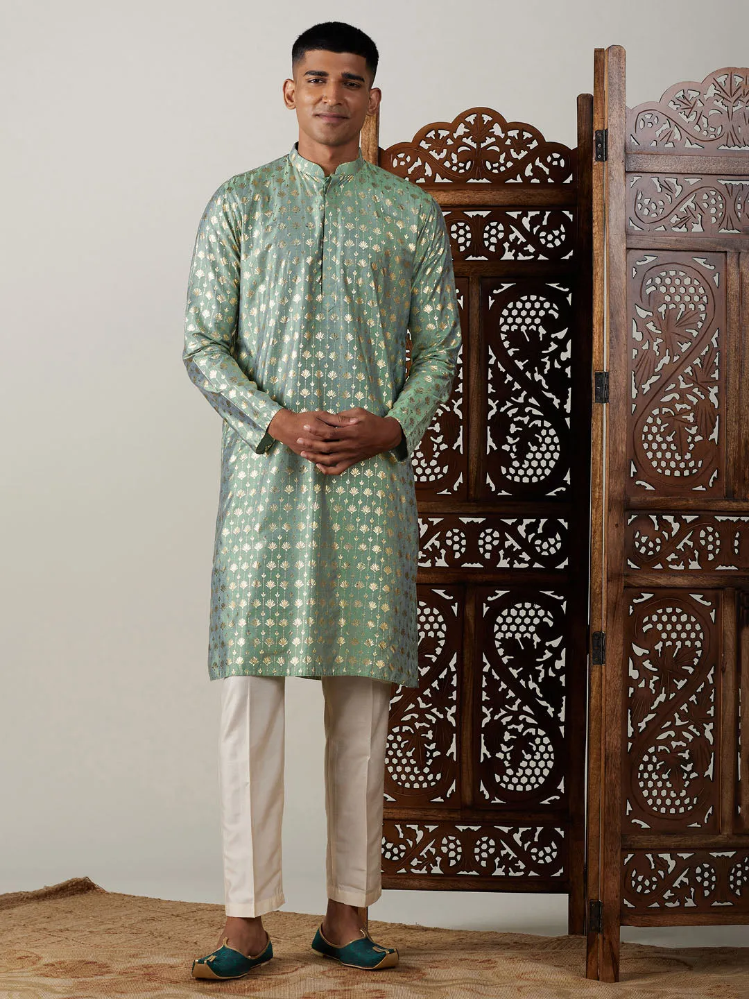 Jashvi Men's Light Green Foil Printed Kurta With Cream Pant Style Pyjama Set