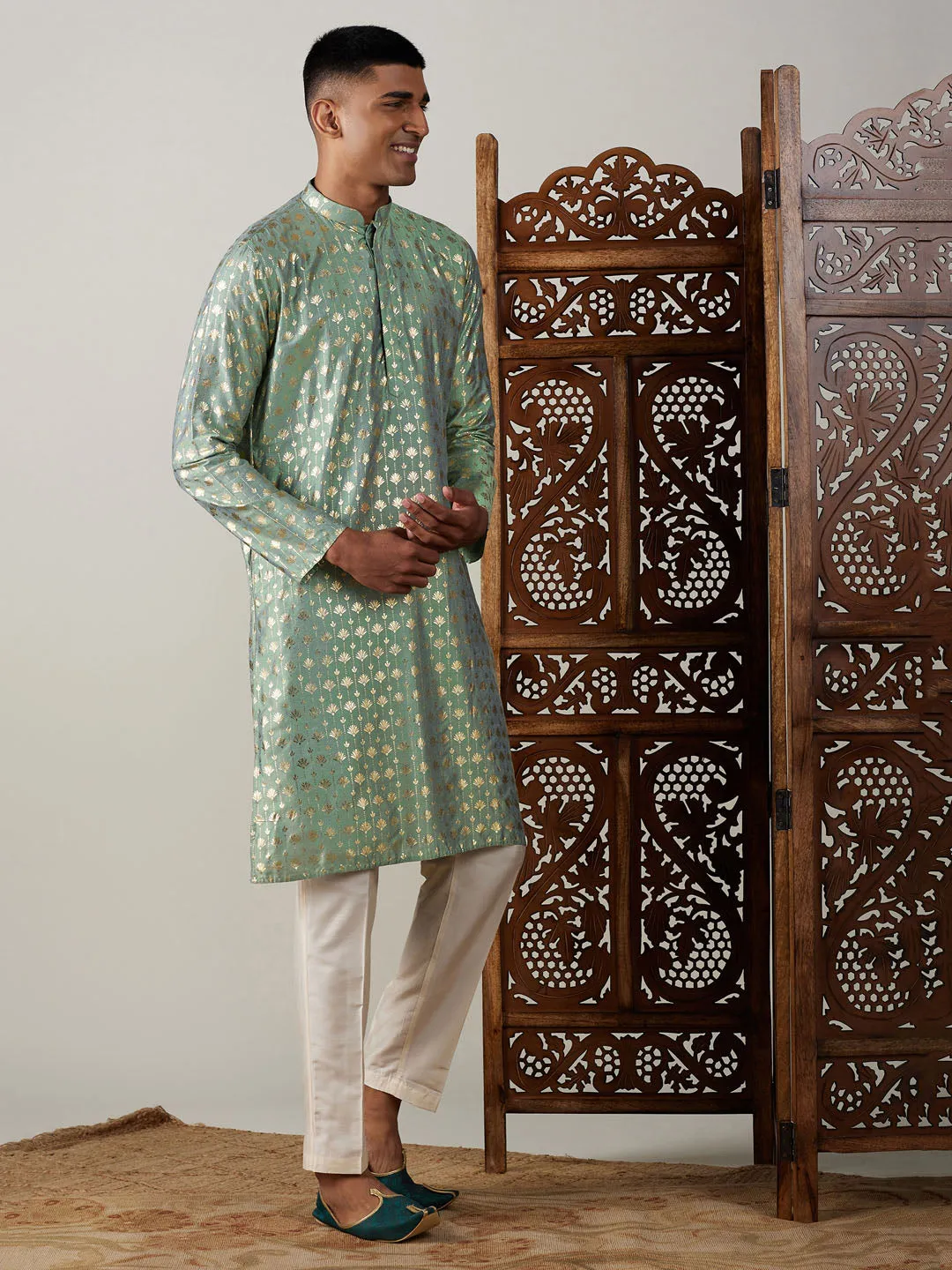 Jashvi Men's Light Green Foil Printed Kurta With Cream Pant Style Pyjama Set