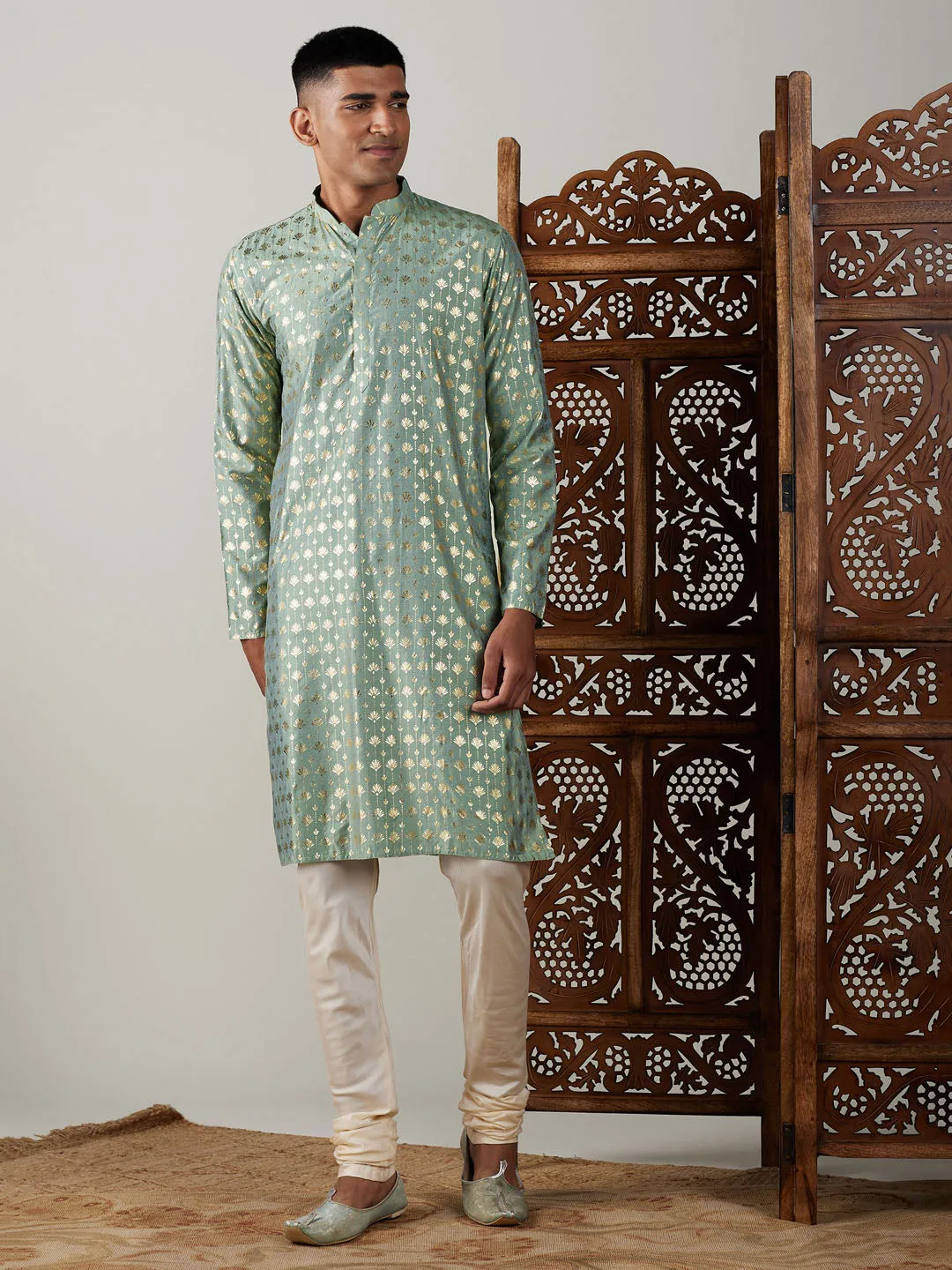 Jashvi Men's Light Green Foil Printed Kurta With Cream Pyjama Set