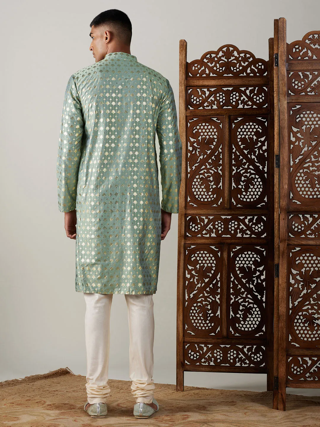 Jashvi Men's Light Green Foil Printed Kurta With Cream Pyjama Set