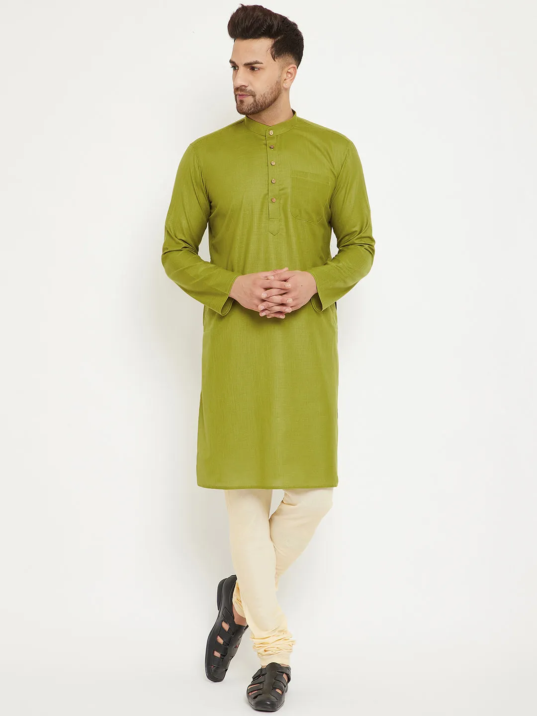 Jashvi Men's Mehendi Green And Cream Cotton Blend Kurta Pyjama Set