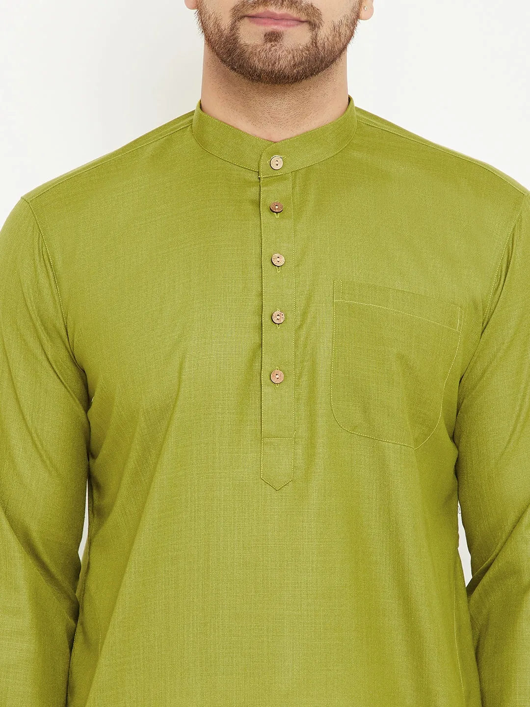 Jashvi Men's Mehendi Green And Cream Cotton Blend Kurta Pyjama Set