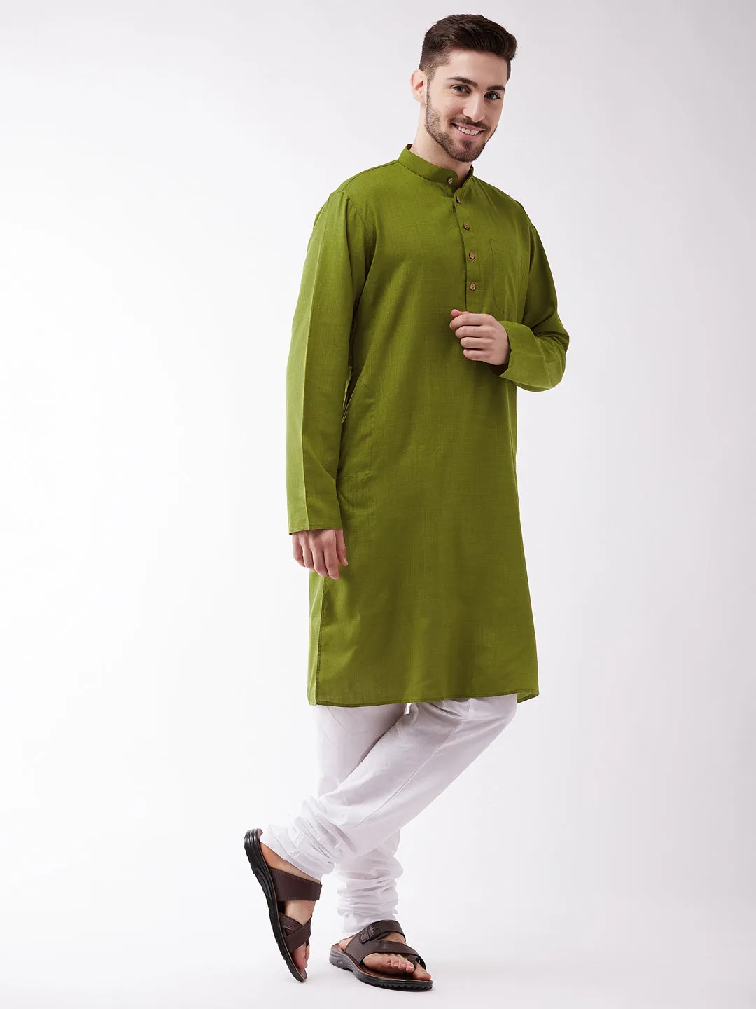 Jashvi Men's Mehendi Green And White Cotton Blend Kurta Pyjama Set