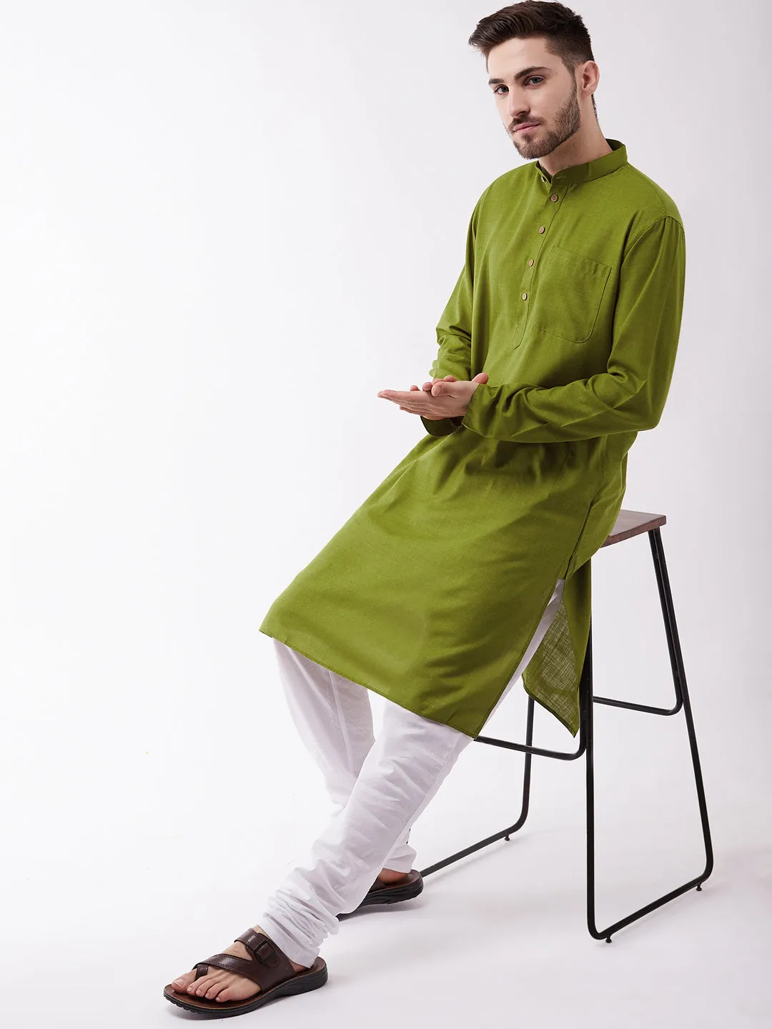 Jashvi Men's Mehendi Green And White Cotton Blend Kurta Pyjama Set