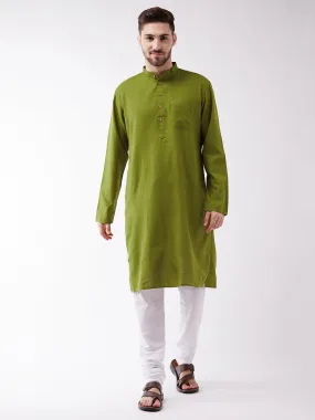 Jashvi Men's Mehendi Green And White Cotton Blend Kurta Pyjama Set