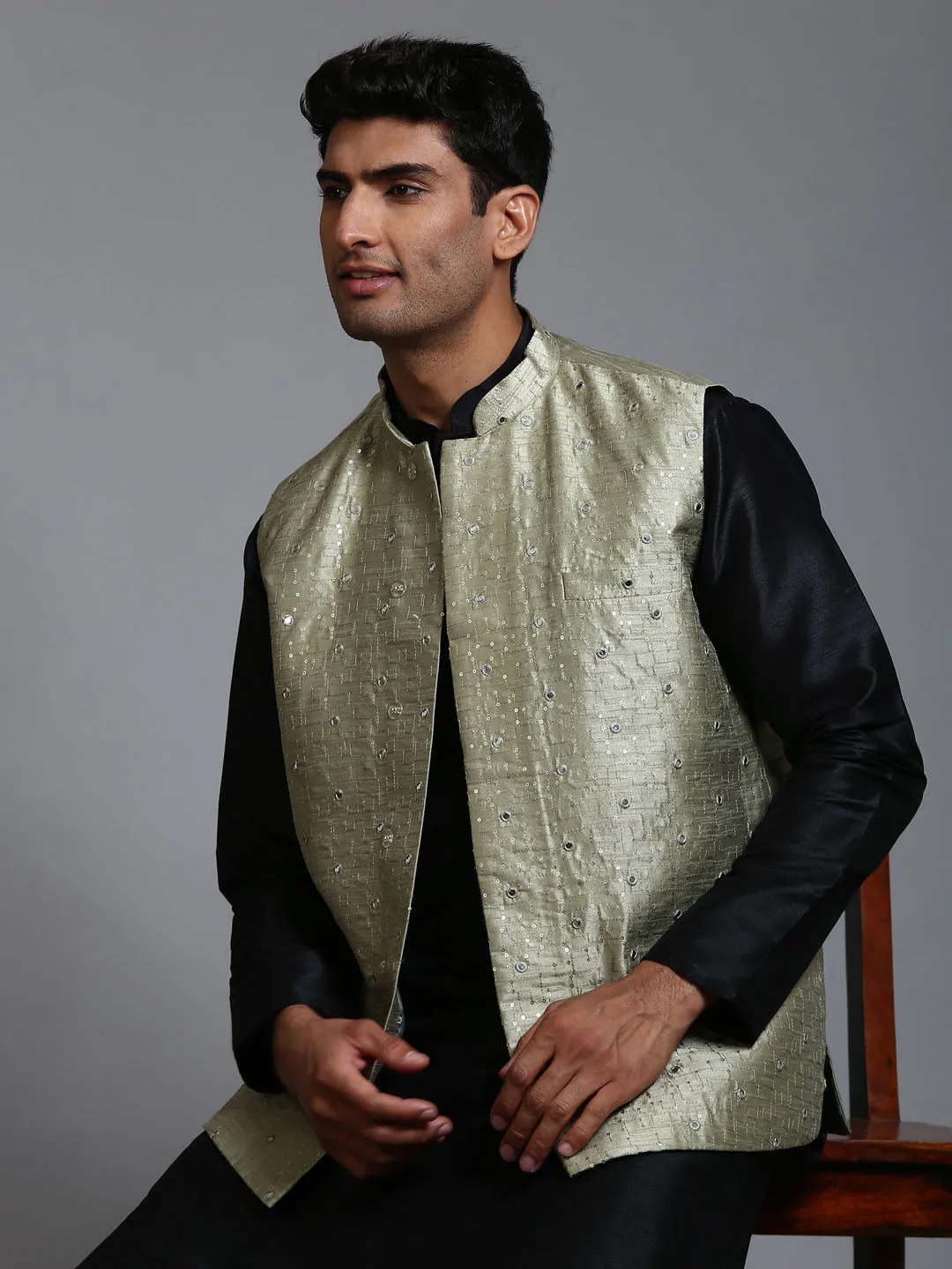 Jashvi Men's Mehndi Green Embellished Jacket with Black Kurta Pant Set