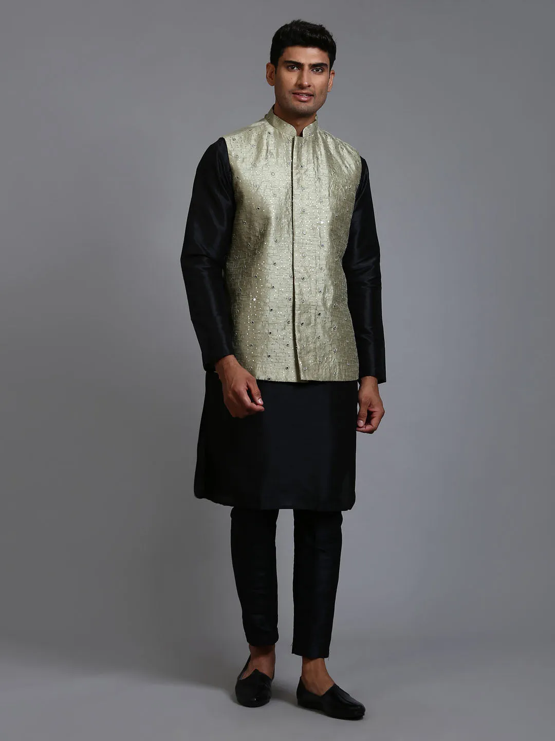 Jashvi Men's Mehndi Green Embellished Jacket with Black Kurta Pant Set