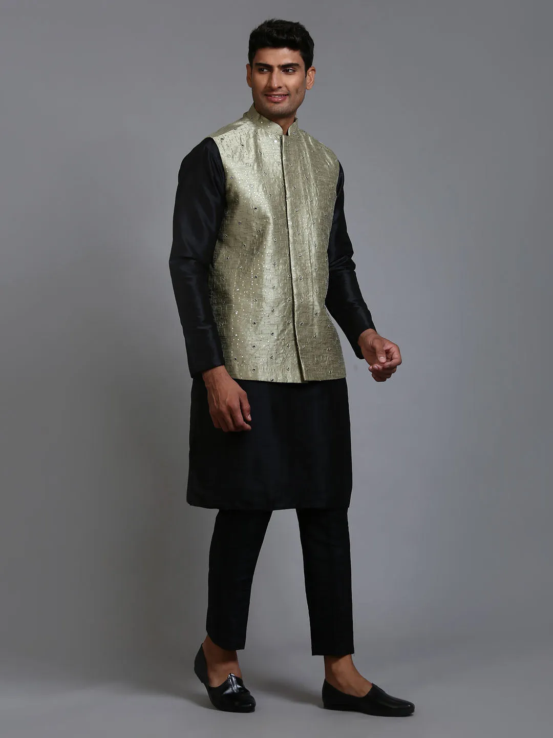 Jashvi Men's Mehndi Green Embellished Jacket with Black Kurta Pant Set