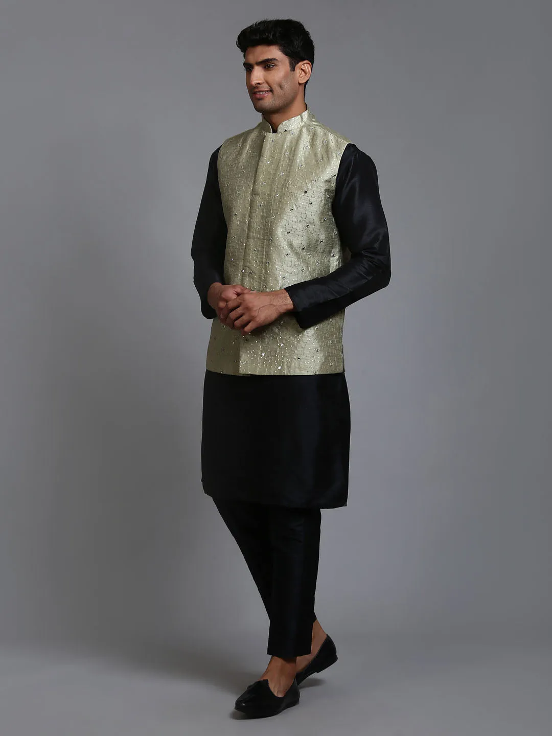 Jashvi Men's Mehndi Green Embellished Jacket with Black Kurta Pant Set