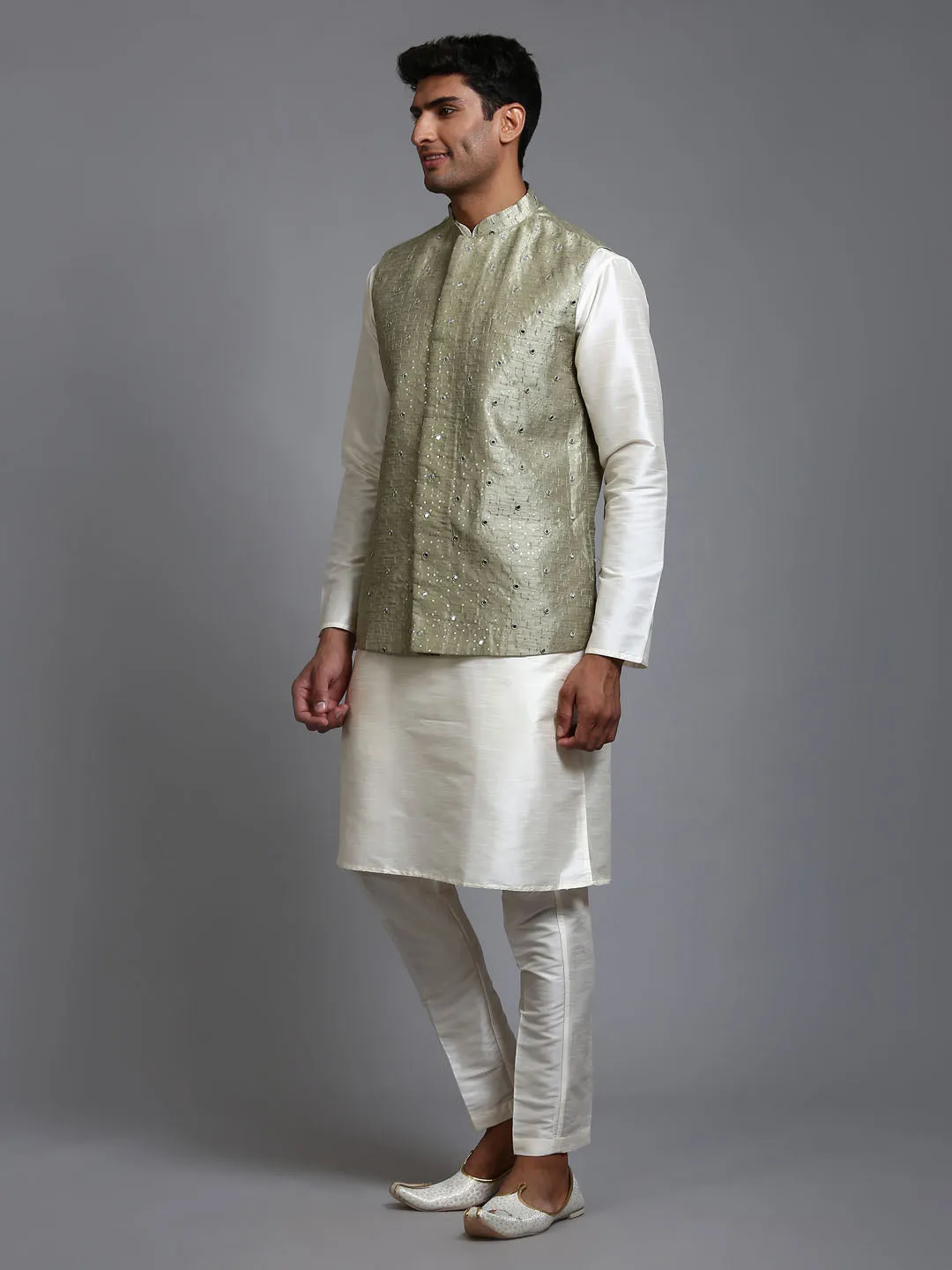 Jashvi Men's Mehndi Green Embellished Jacket with Cream Kurta Pant Set