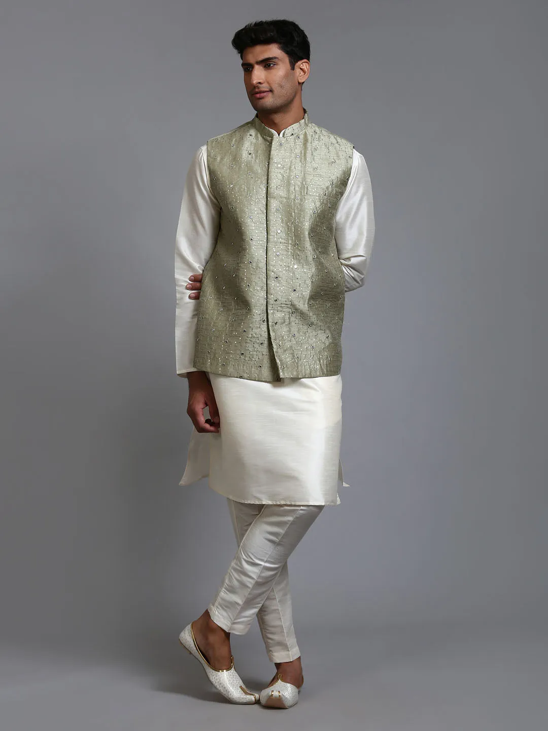 Jashvi Men's Mehndi Green Embellished Jacket with Cream Kurta Pant Set