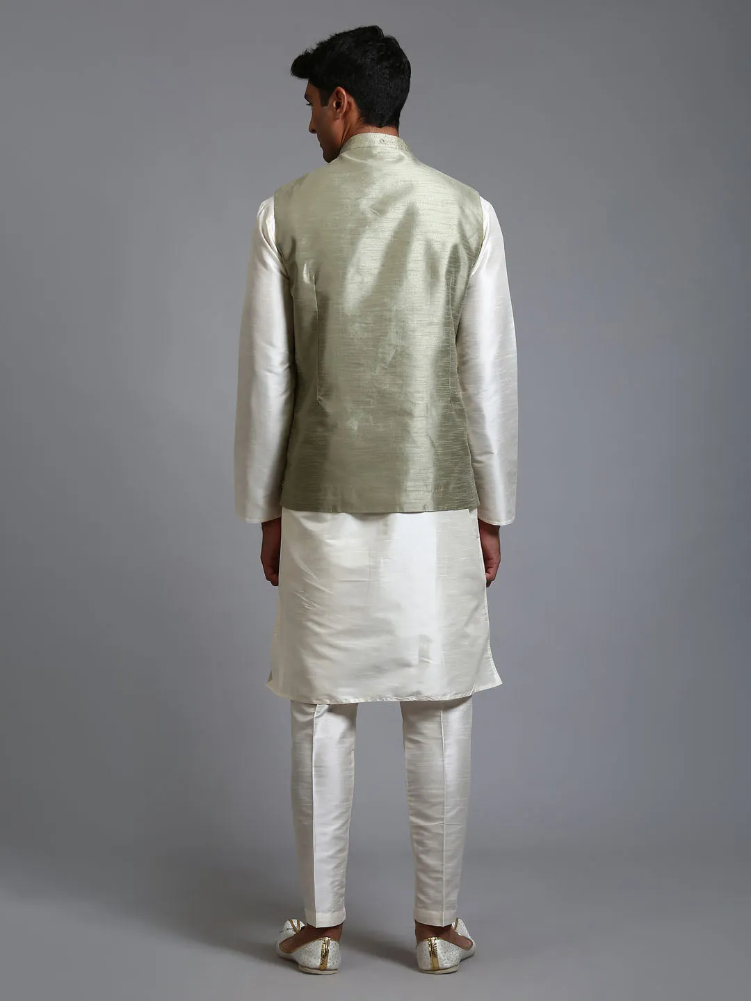 Jashvi Men's Mehndi Green Embellished Jacket with Cream Kurta Pant Set