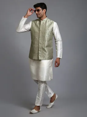 Jashvi Men's Mehndi Green Embellished Jacket with Cream Kurta Pant Set