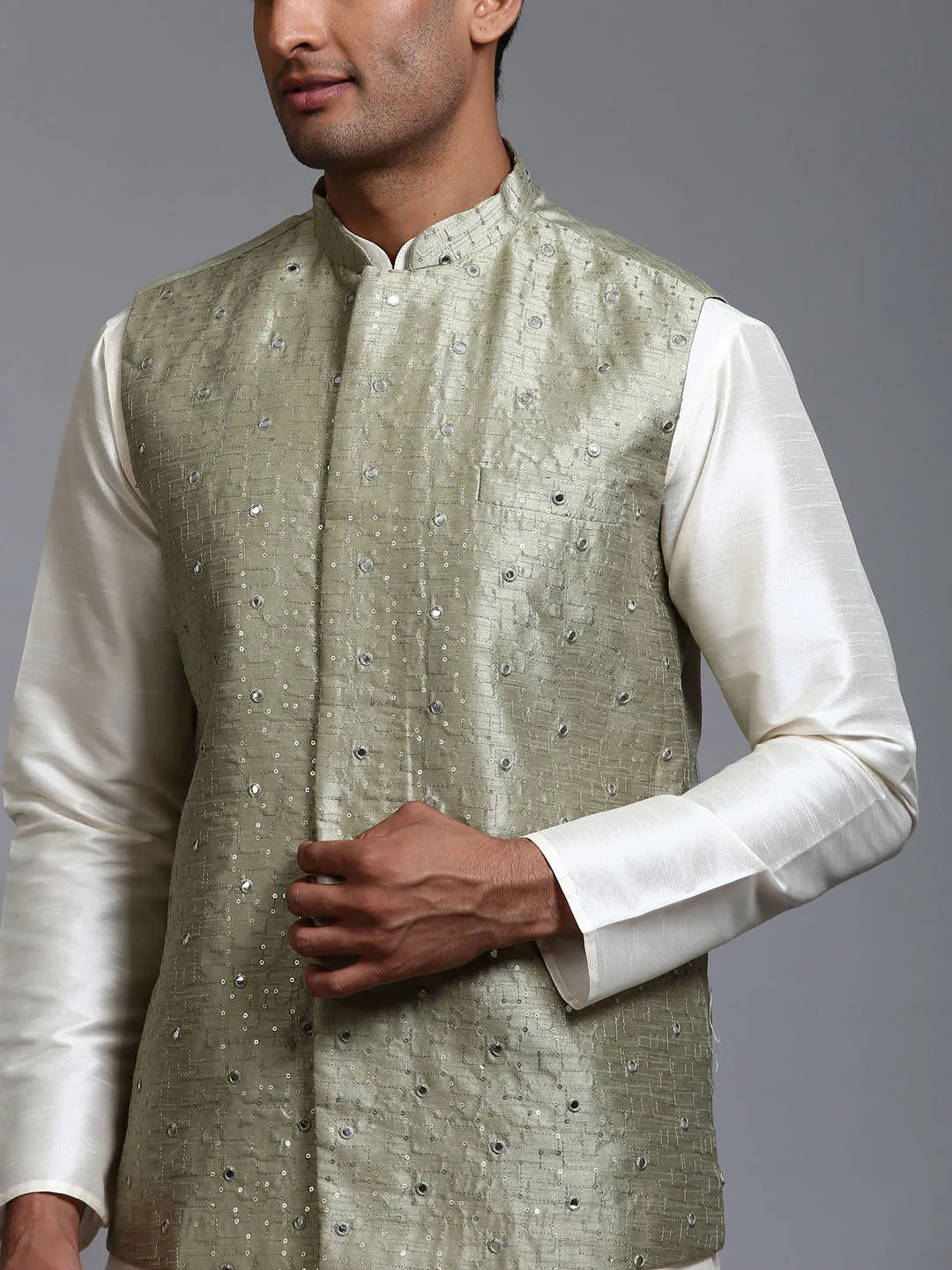 Jashvi Men's Mehndi Green Embellished Jacket with Cream Kurta Pant Set