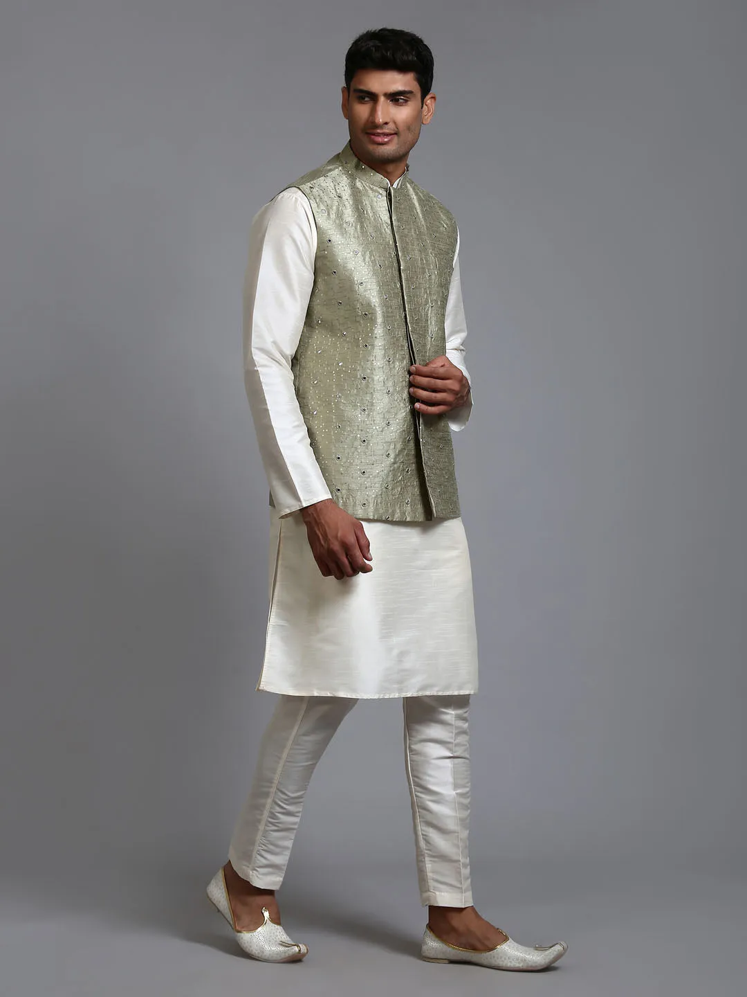 Jashvi Men's Mehndi Green Embellished Jacket with Cream Kurta Pant Set