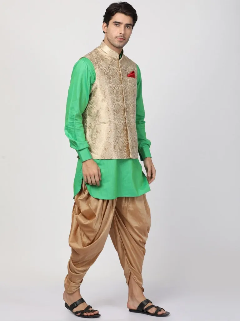 Jashvi Men's Mint Green Cotton Silk Blend Ethnic Jacket, Kurta and Dhoti Pant Set