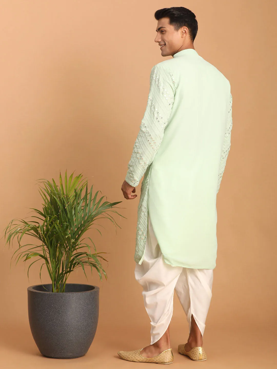 Jashvi Men's Mint Green Mirror Kurta Dhoti Set