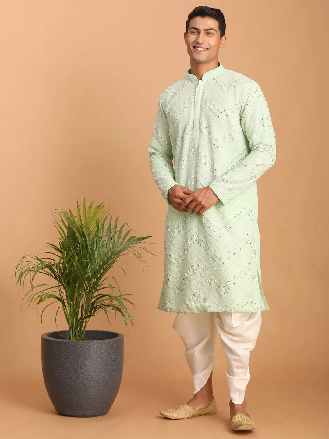 Jashvi Men's Mint Green Mirror Kurta Dhoti Set