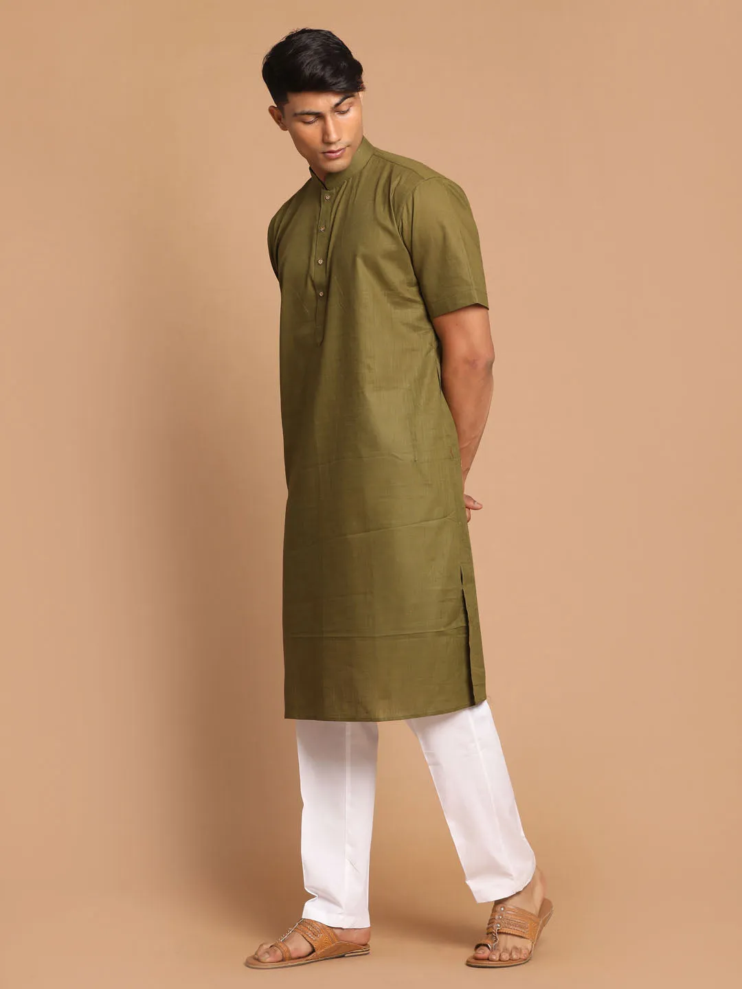 Jashvi Men's Mint Green Solid Kurta with White Pant style Cotton Pyjama Set