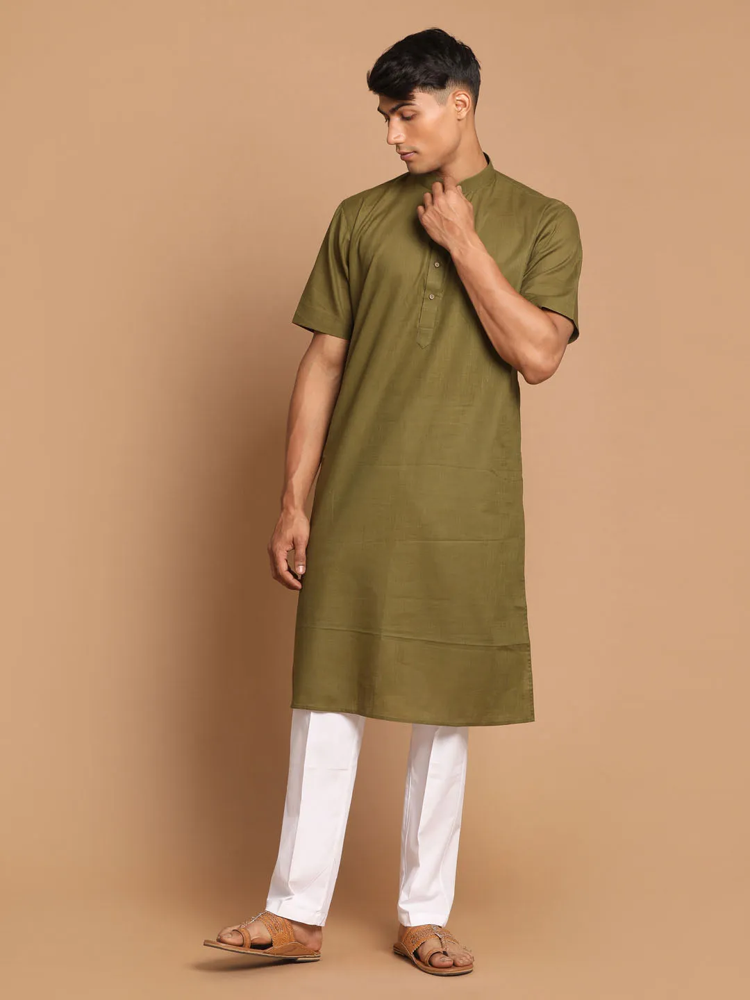 Jashvi Men's Mint Green Solid Kurta with White Pant style Cotton Pyjama Set