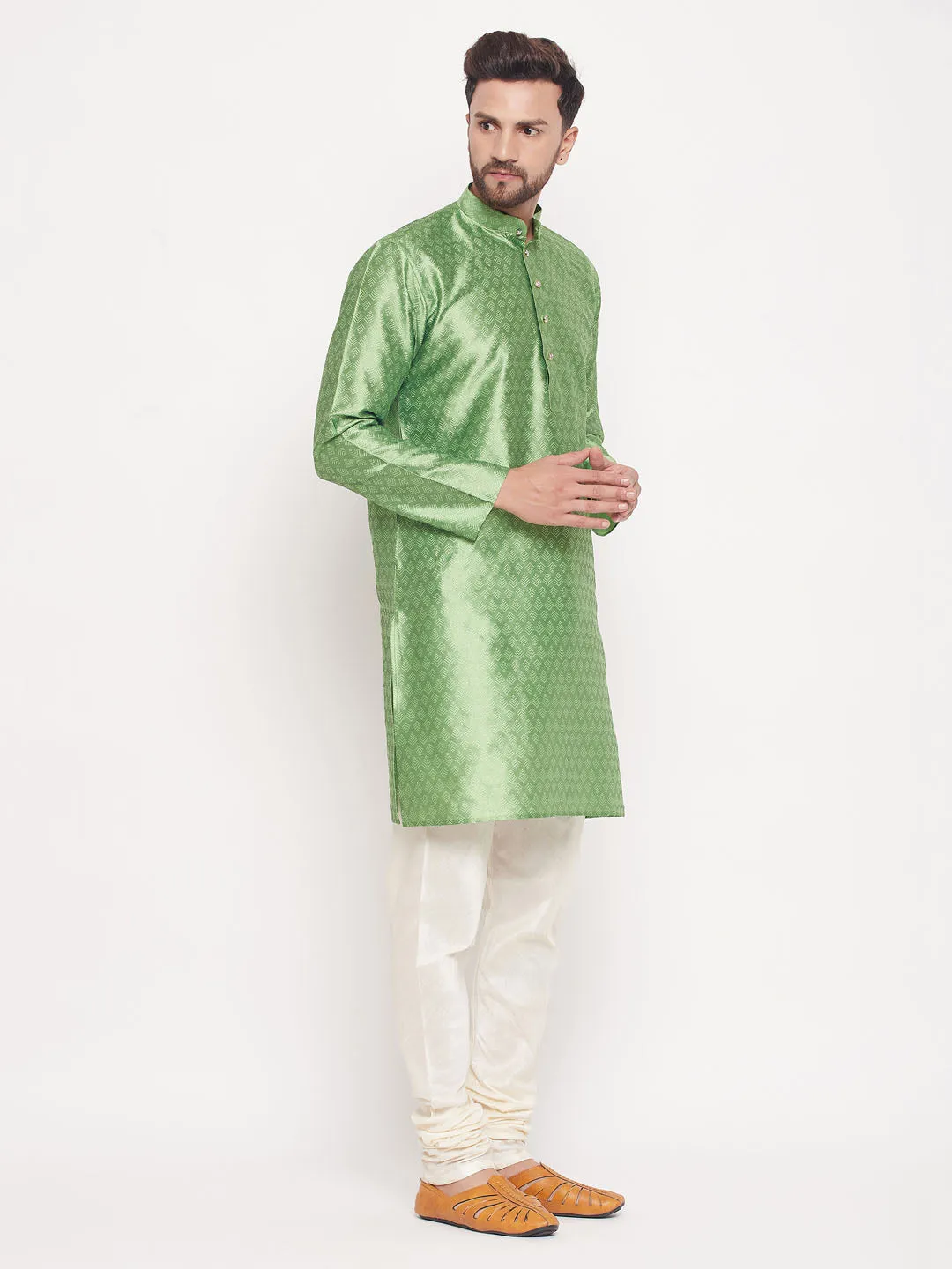 Jashvi Men's Mint Green Woven Kurta Pyjama Set