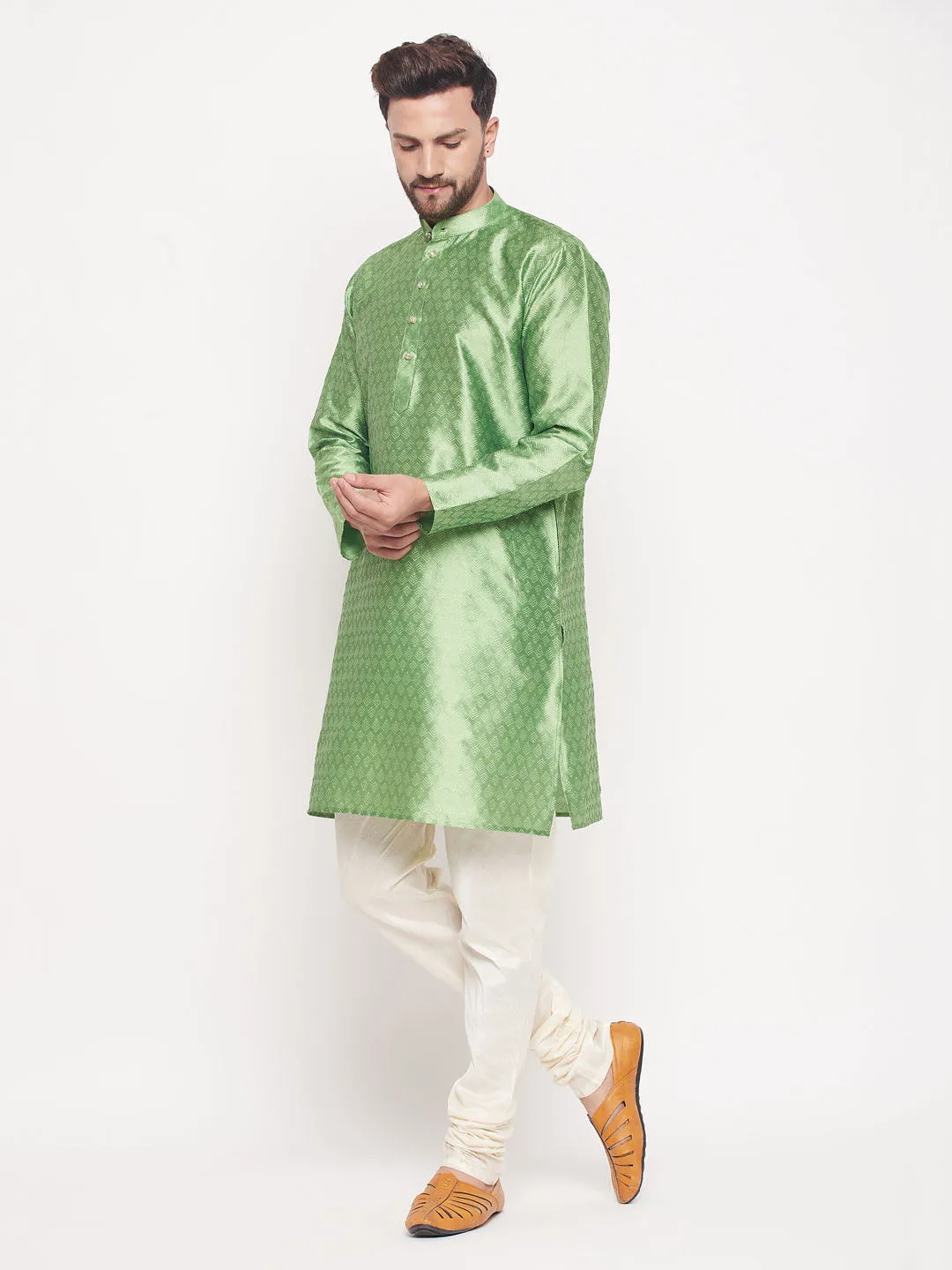 Jashvi Men's Mint Green Woven Kurta Pyjama Set