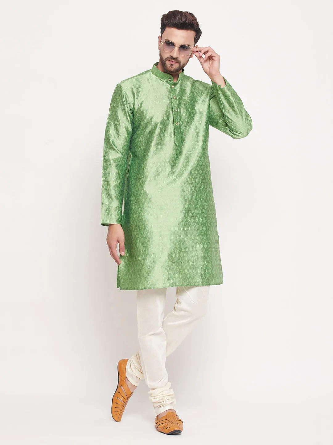 Jashvi Men's Mint Green Woven Kurta Pyjama Set