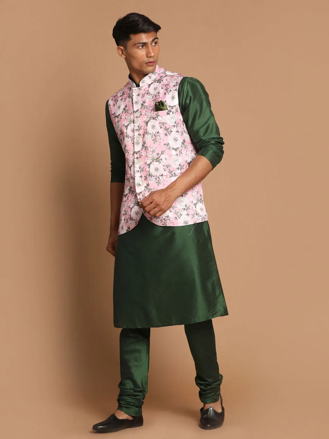 Jashvi Men's Pink Floral Printed Ethnic Jacket With Green Cotton Silk Blend Kurta Pyjama