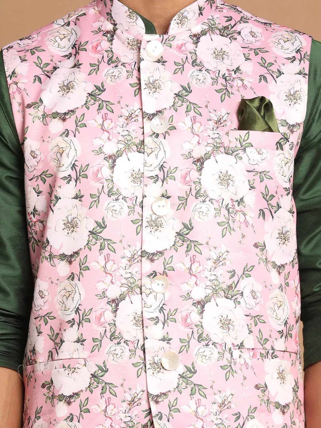 Jashvi Men's Pink Floral Printed Ethnic Jacket With Green Cotton Silk Blend Kurta Pyjama