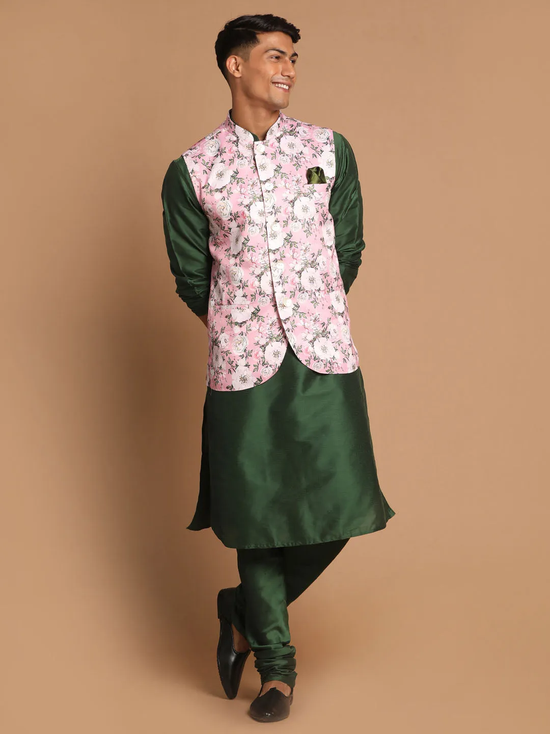 Jashvi Men's Pink Floral Printed Ethnic Jacket With Green Cotton Silk Blend Kurta Pyjama