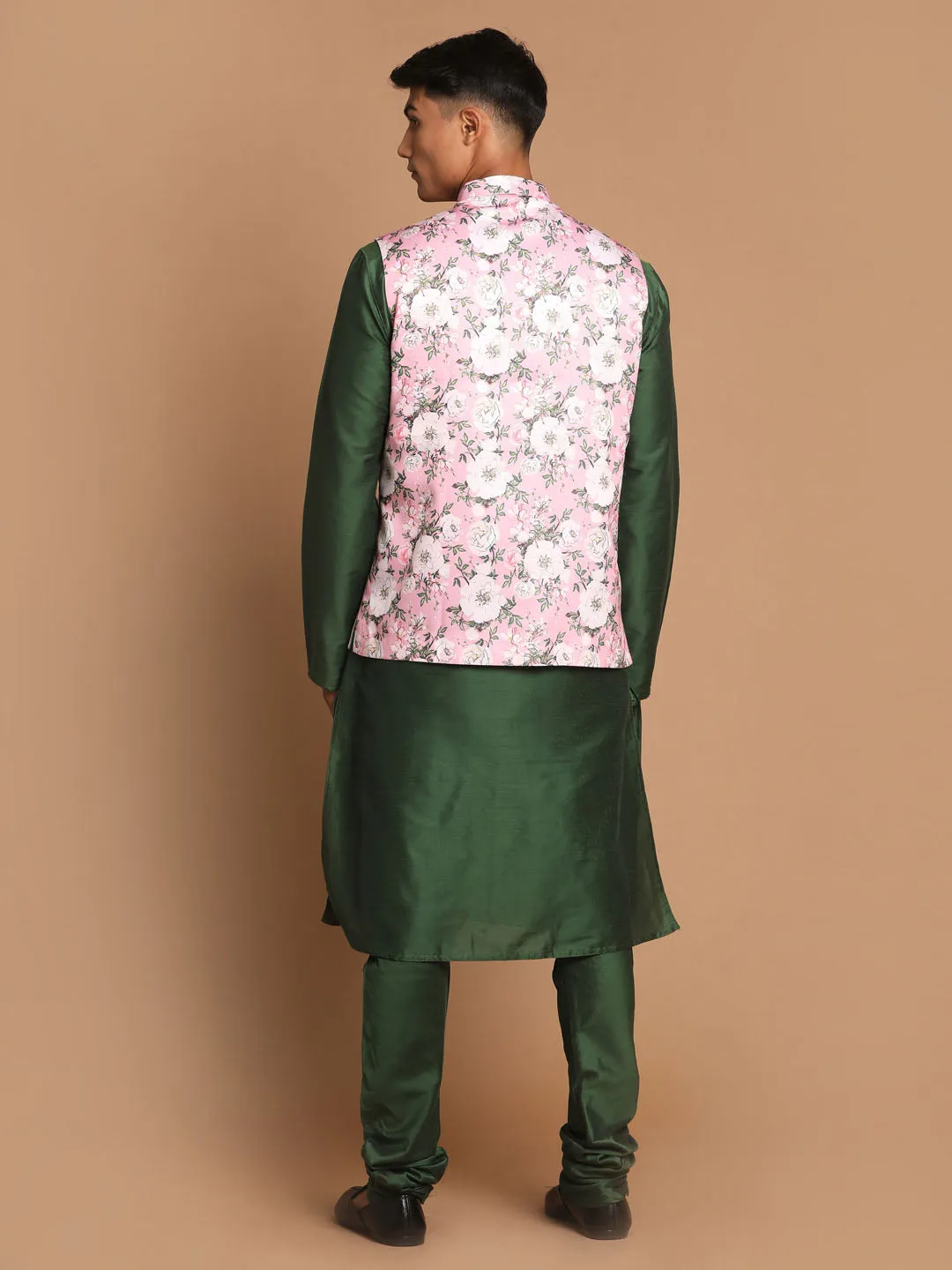 Jashvi Men's Pink Floral Printed Ethnic Jacket With Green Cotton Silk Blend Kurta Pyjama