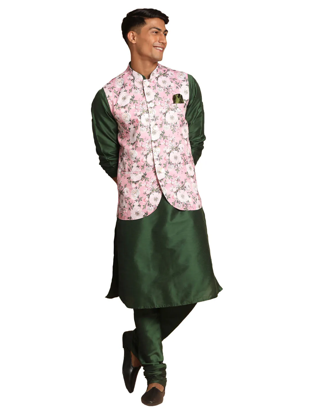 Jashvi Men's Pink Floral Printed Ethnic Jacket With Green Cotton Silk Blend Kurta Pyjama