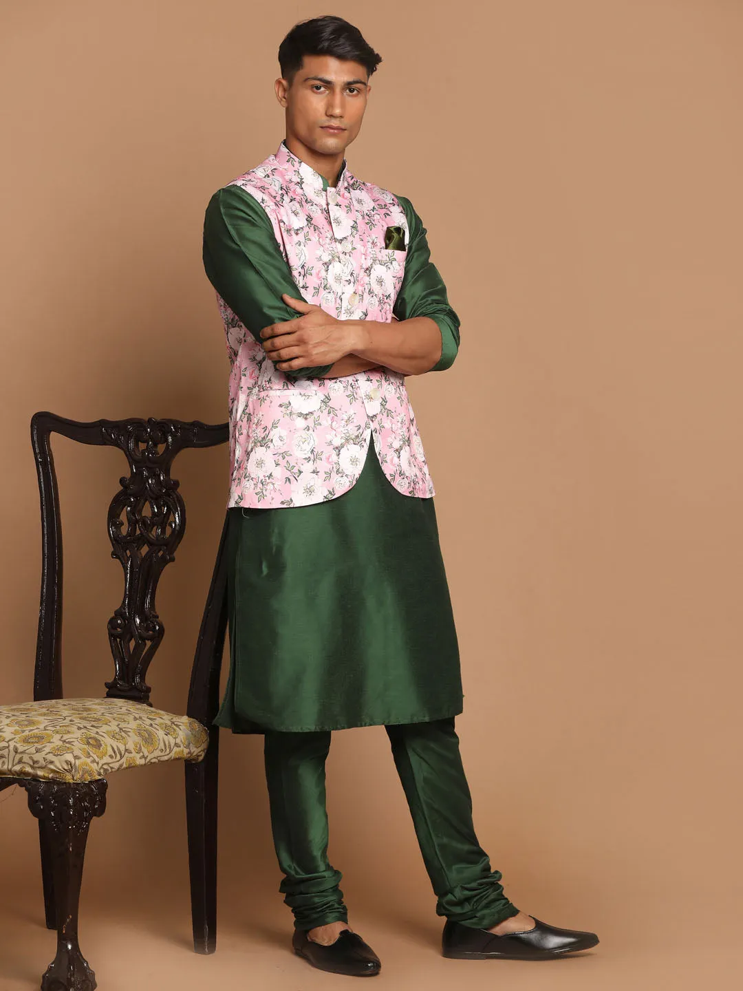 Jashvi Men's Pink Floral Printed Ethnic Jacket With Green Cotton Silk Blend Kurta Pyjama