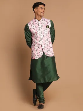 Jashvi Men's Pink Floral Printed Ethnic Jacket With Green Cotton Silk Blend Kurta Pyjama