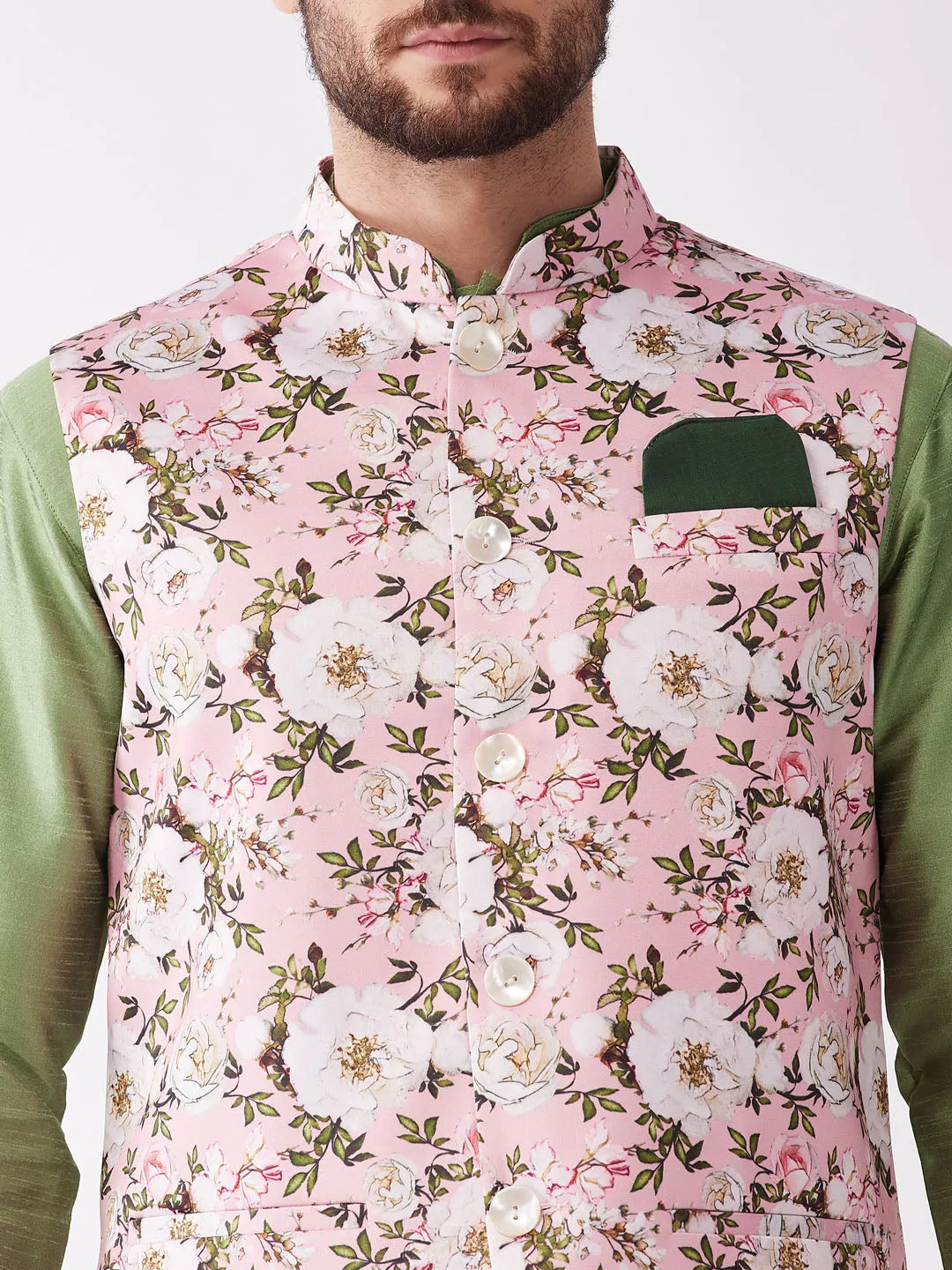 Jashvi Men's Pink Floral Printed Ethnic Jacket With Green Silk Blend Kurta and Pyjama Set