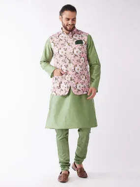 Jashvi Men's Pink Floral Printed Ethnic Jacket With Green Silk Blend Kurta and Pyjama Set