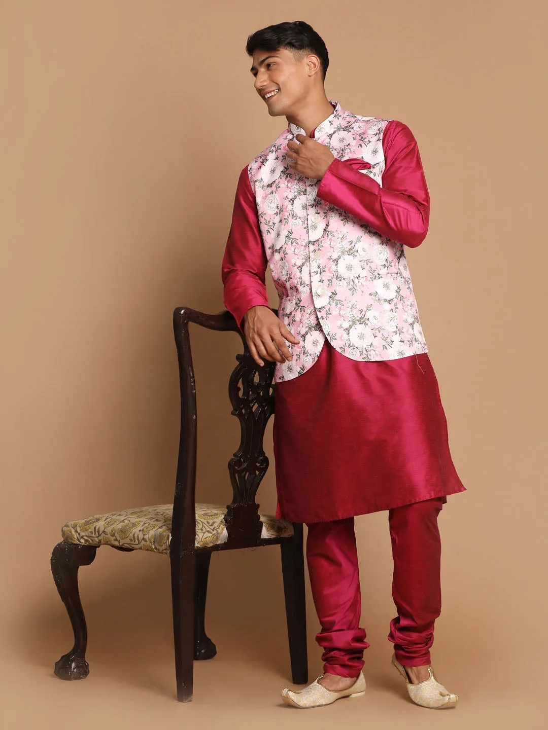 Jashvi Men's Pink Floral Printed Ethnic Jacket With Purple Cotton Silk Blend Kurta Pyjama