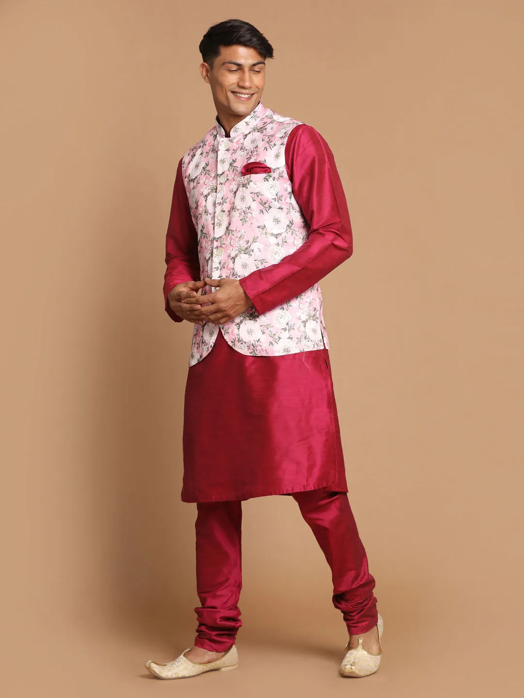 Jashvi Men's Pink Floral Printed Ethnic Jacket With Purple Cotton Silk Blend Kurta Pyjama