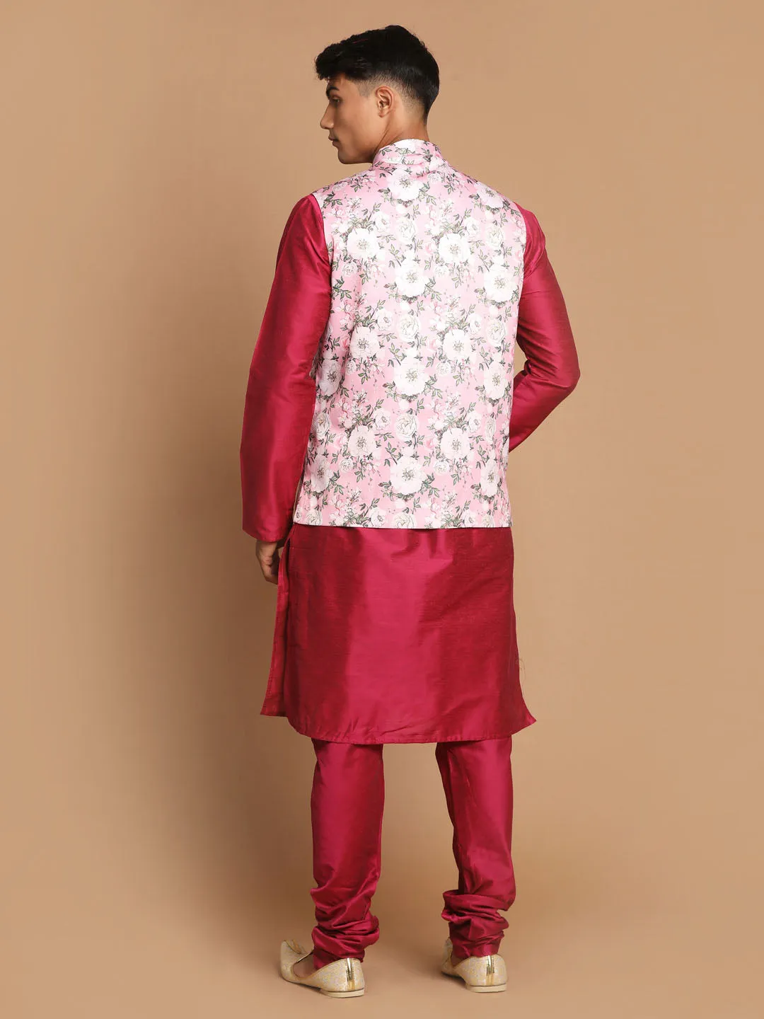 Jashvi Men's Pink Floral Printed Ethnic Jacket With Purple Cotton Silk Blend Kurta Pyjama