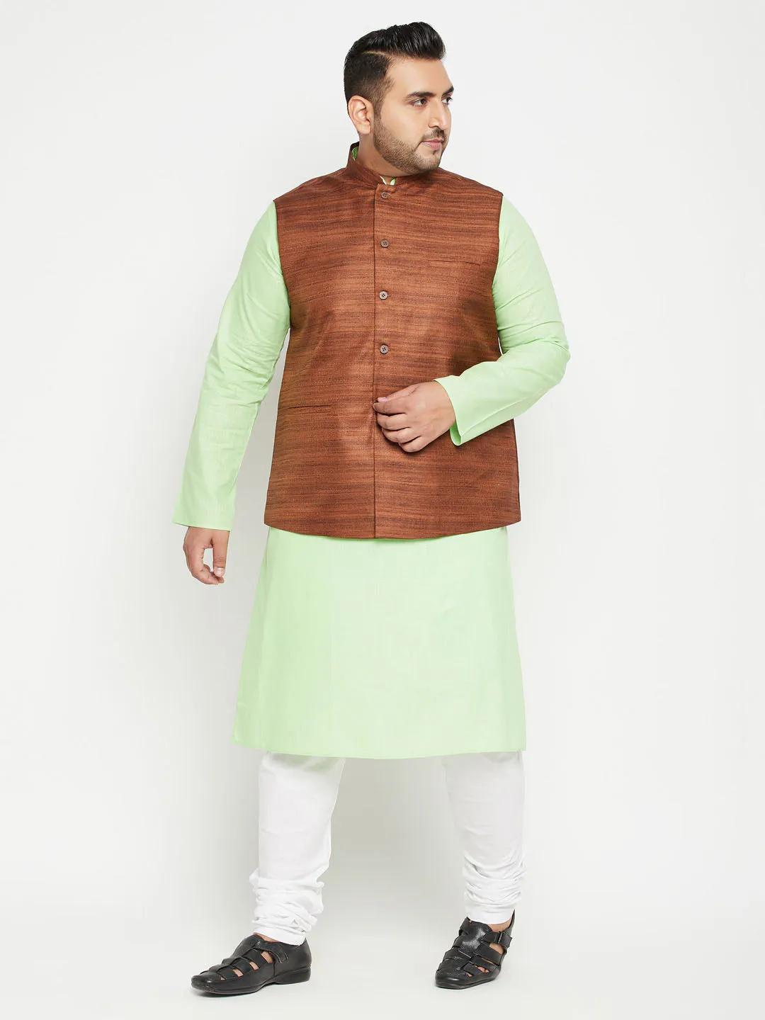 Jashvi Men's Plus Size Mint Green and Coffee Brown Cotton Blend Jacket Kurta Pyjama Set