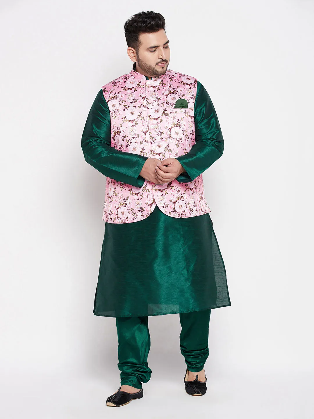 Jashvi Men's Plus Size Pink Floral printed Jacket With Green Solid Kurta Pyjama Set