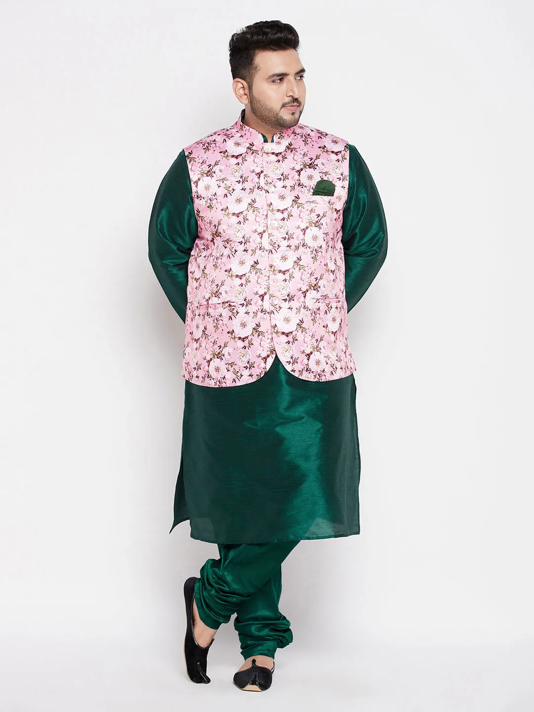 Jashvi Men's Plus Size Pink Floral printed Jacket With Green Solid Kurta Pyjama Set