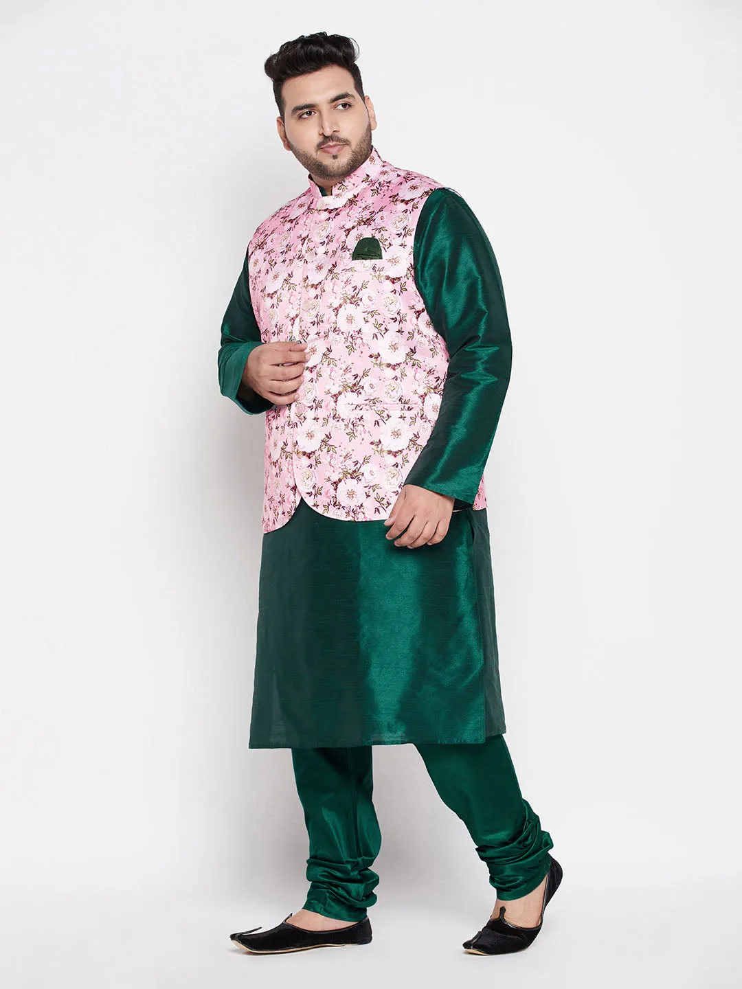 Jashvi Men's Plus Size Pink Floral printed Jacket With Green Solid Kurta Pyjama Set