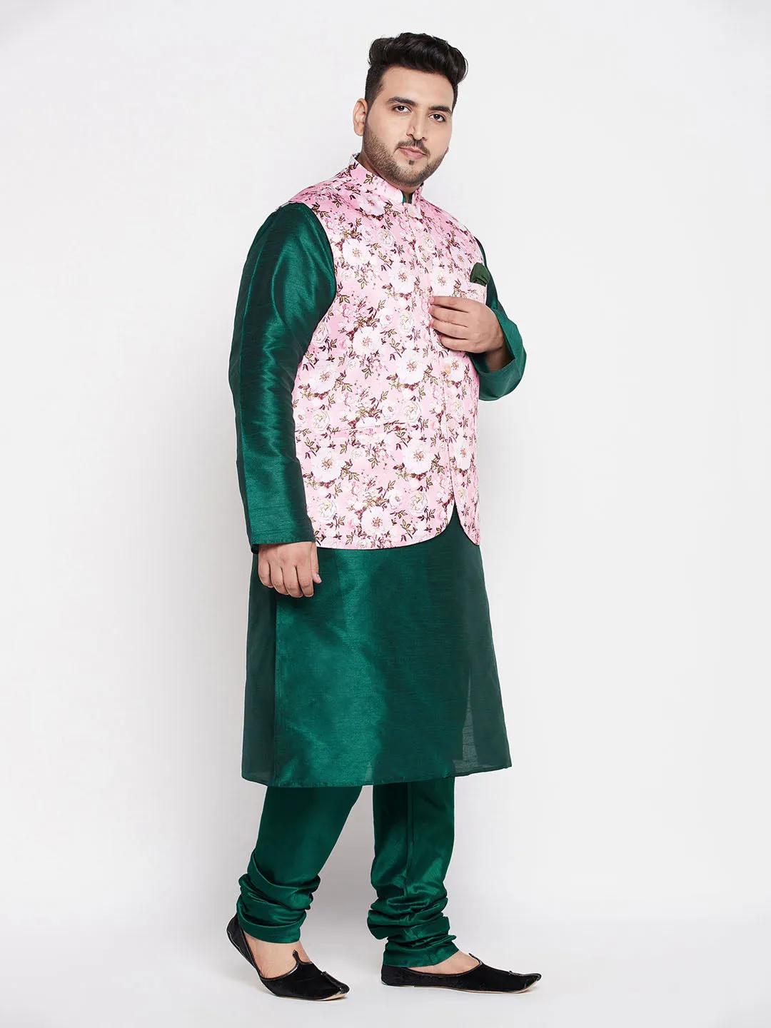 Jashvi Men's Plus Size Pink Floral printed Jacket With Green Solid Kurta Pyjama Set