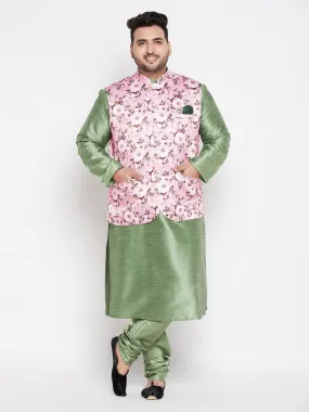 Jashvi Men's Plus Size Pink Floral printed Jacket With Mint Green Solid Kurta Pyjama Set